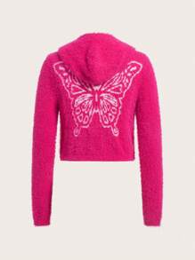 SHEIN EZwear Butterfly Pattern Hooded Fluffy Knit Cardigan - Hot Pink - View 1