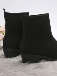 時尚女士針織襪短靴,中跟彈性滑入短靴 - 黑色 - 查看 2