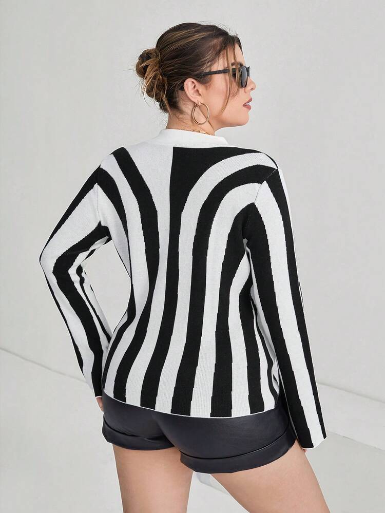 Plus Striped Pattern Drop Shoulder Sweater