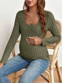 SHEIN Maternidad Camiseta de cuello scoop tejida de canalé - Verde - Ver 5