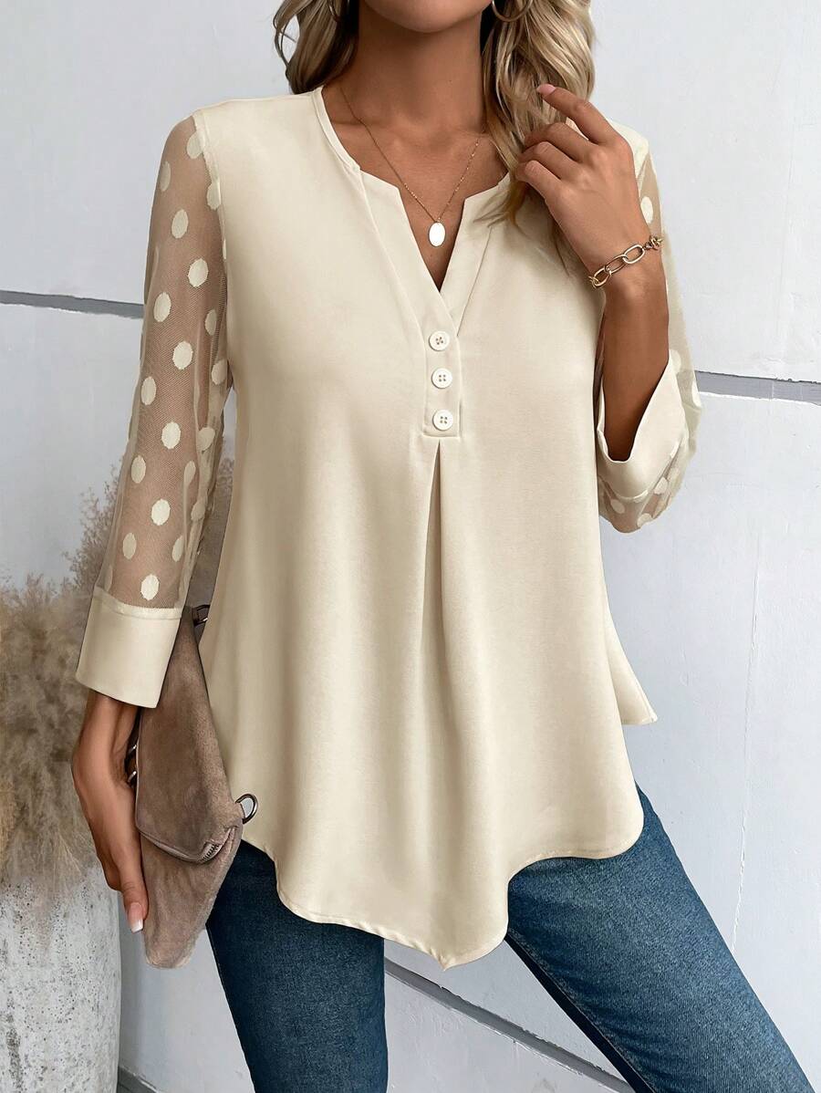 EMERY ROSE Blusa de manga de malla jacquard en contraste con botón - Albaricoque - Ver 1
