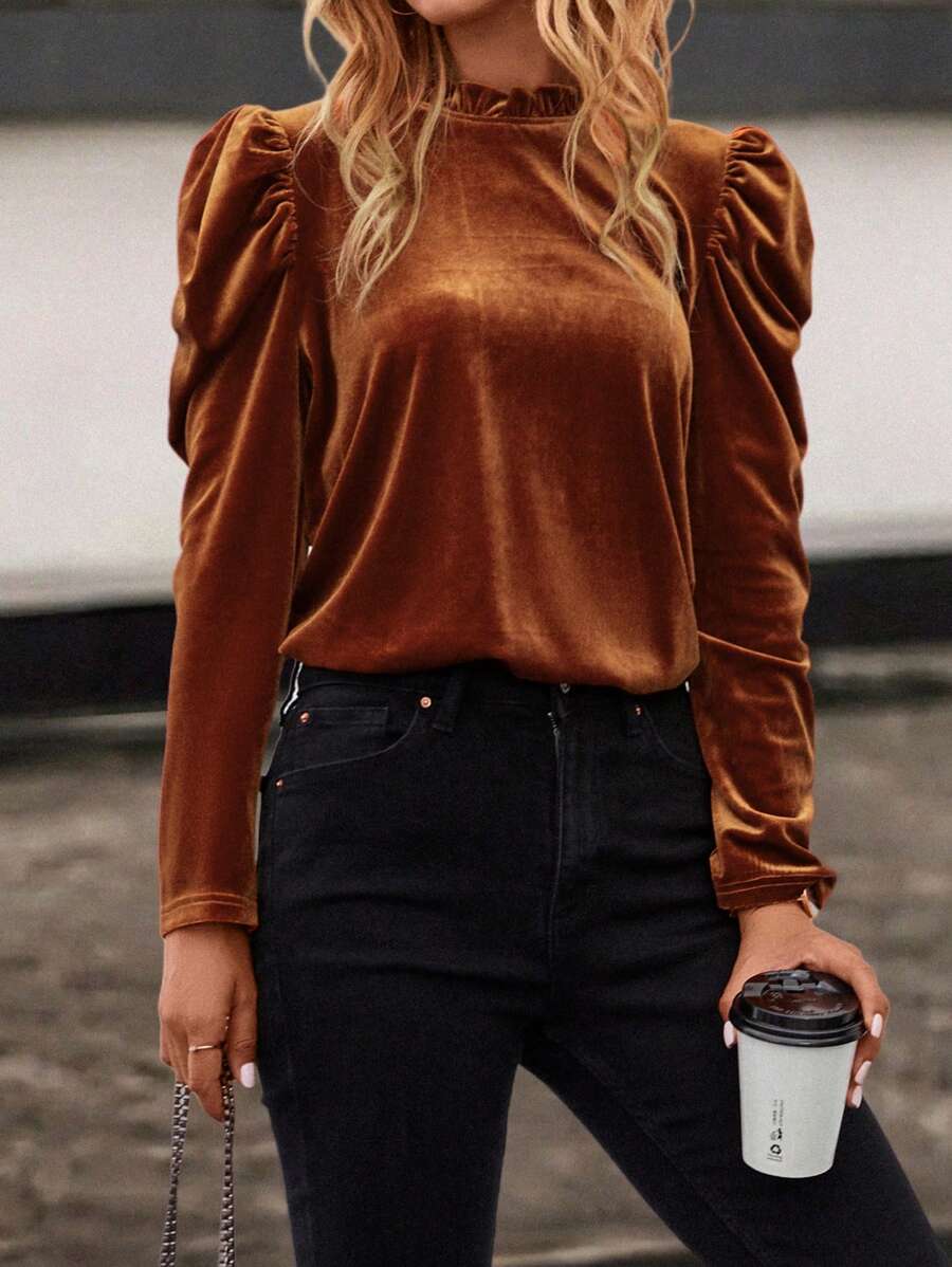 SHEIN Clasi Cổ diềm Tay áo Lá sen tỉa Nhung Áo sơ mi - màu nâu - Xem 1