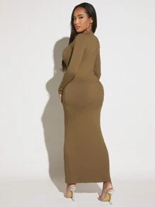 SHEIN SXY Button Front Ribbed Knit Bodycon Dress - Khaki - View 2