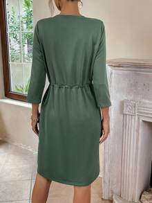 SHEIN LUNE Drawstring Waist Hidden Pocket Dress - Army Green - View 3
