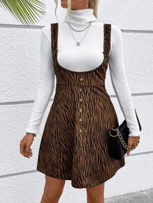 SHEIN LUNE In hoa văn ngựa vằn Nút phía trước Đầm Tổng thể Without Tee - Màu Khaki - Xem 4