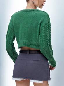 Flirla Cable Knit Drop Shoulder Crop Knit Pullover Fall Winter Sweater - Green - View 2