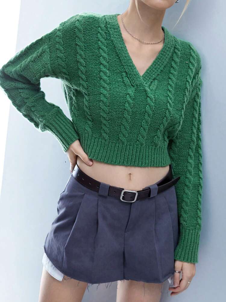 Cable Knit Drop Shoulder Crop Knit Pullover Fall Winter Sweater