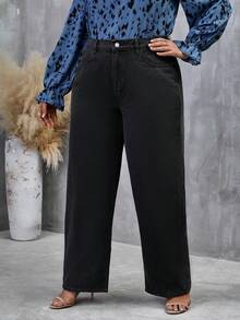 SHEIN LUNE Plus Zipper Fly Wide Leg Jeans - Black - View 4