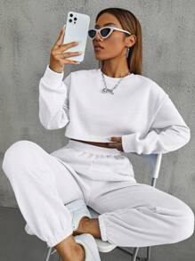 Flirla 素色落肩袖短款運動衫和運動褲 - 白色 - 查看 4