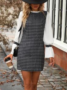 SHEIN Clasi 幾何印花喇叭袖洋裝 - 黑與白 - 查看 3