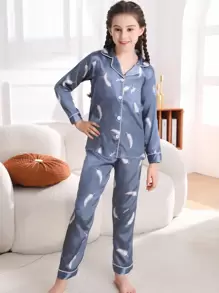 Bộ Đồ Ngủ Satin Satin Quần Dài Quần Dài Phối Nút Lụa Kiểu Áo Cardigan Dài Tay Mềm Mại Và Thoải Mái Dễ Thương Thích Hợp Cho Trẻ Em Từ 8-13 Tuổi Xuân Thu Bộ Hai Mảnh Loungewear - Màu xanh lam - Xem 3