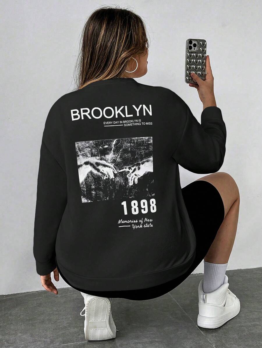 Flirla Plus Figure & Slogan Graphic Drop Shoulder Sweatshirt - Black - View 1