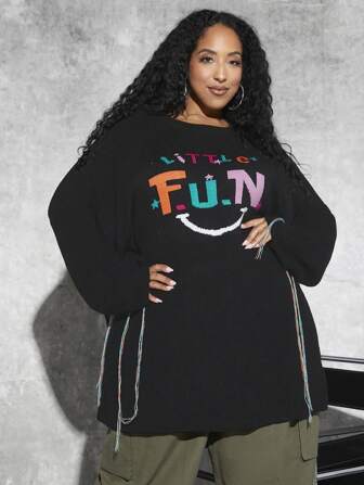 SHEIN CURVE+ Plus Letter Pattern Batwing Sleeve Sweater