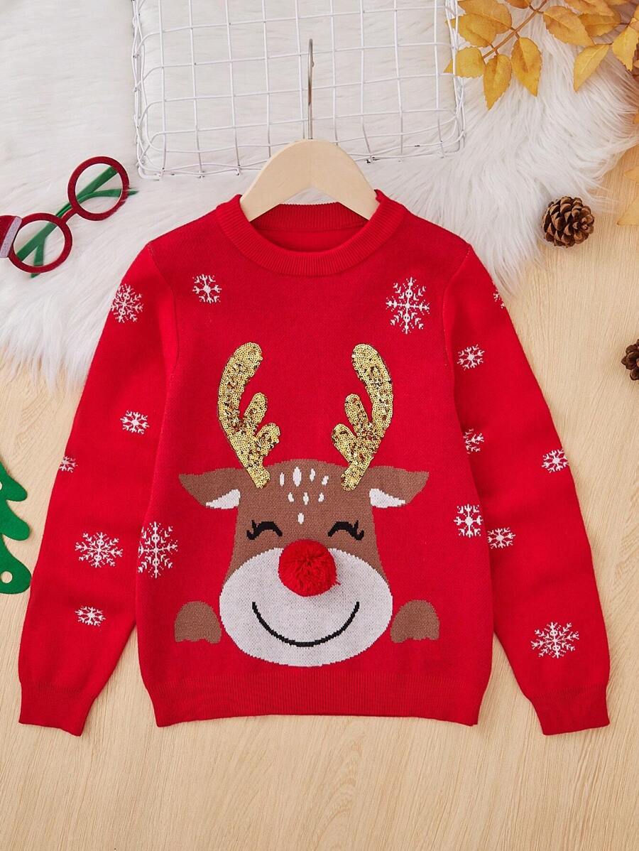 SHEIN Tween Girl Christmas Elk & Snowflake Pattern Sweater,In Fall/Winter - Multicolor - View 1