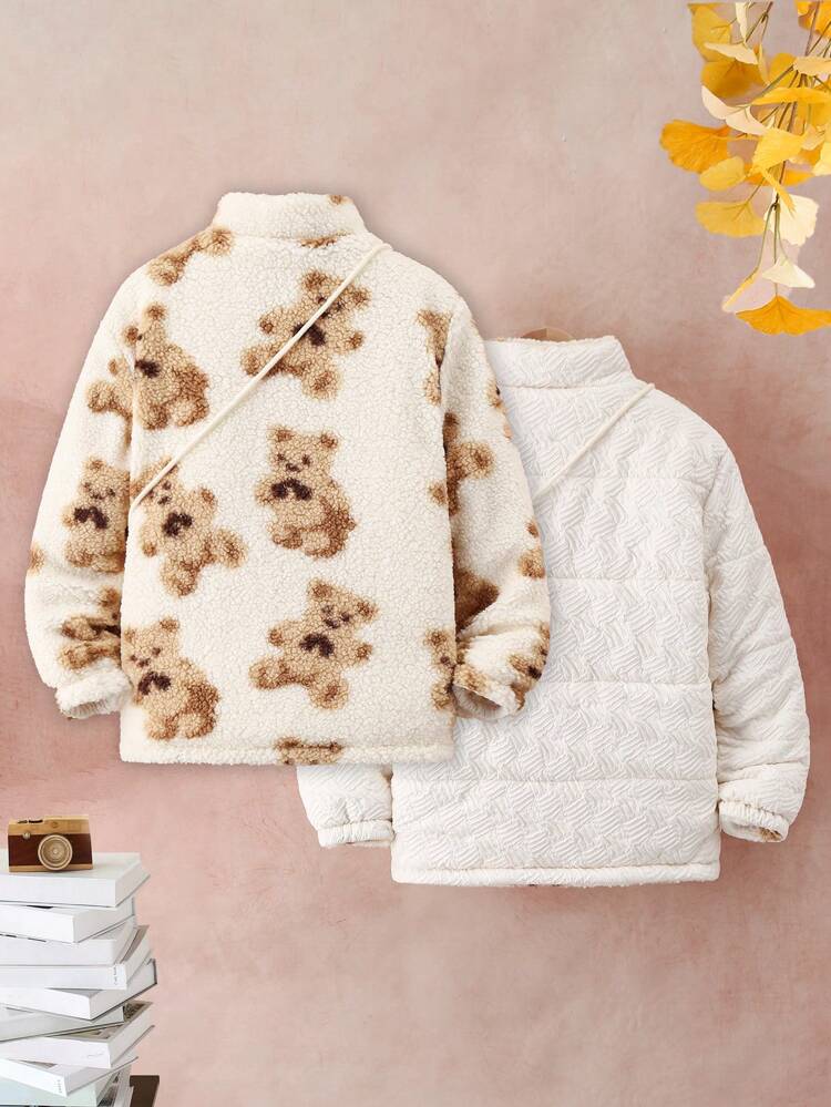 Tween Girl 1pc Bear Pattern Double Face Padded Coat
