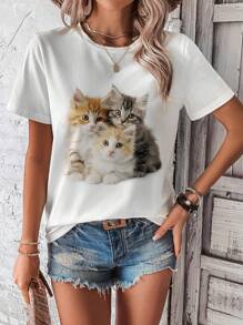 SHEIN LUNE Áo thun nữ cổ tròn ngắn tay in hình mèo giản dị và đơn giản, thích hợp cho mùa hè - trắng - Xem 5