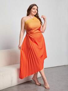 SHEIN Privé Cộng với váy viền bất đối xứng xếp li một bên vai - Màu Cam cháy - Xem 4