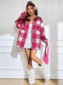 SHEIN EZwear 格紋印花落肩袖花呢外套 - 彩色 - 查看 5