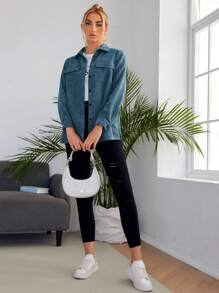 SHEIN LUNE Flap Pocket Button Front Shirt - Dusty Blue - View 4