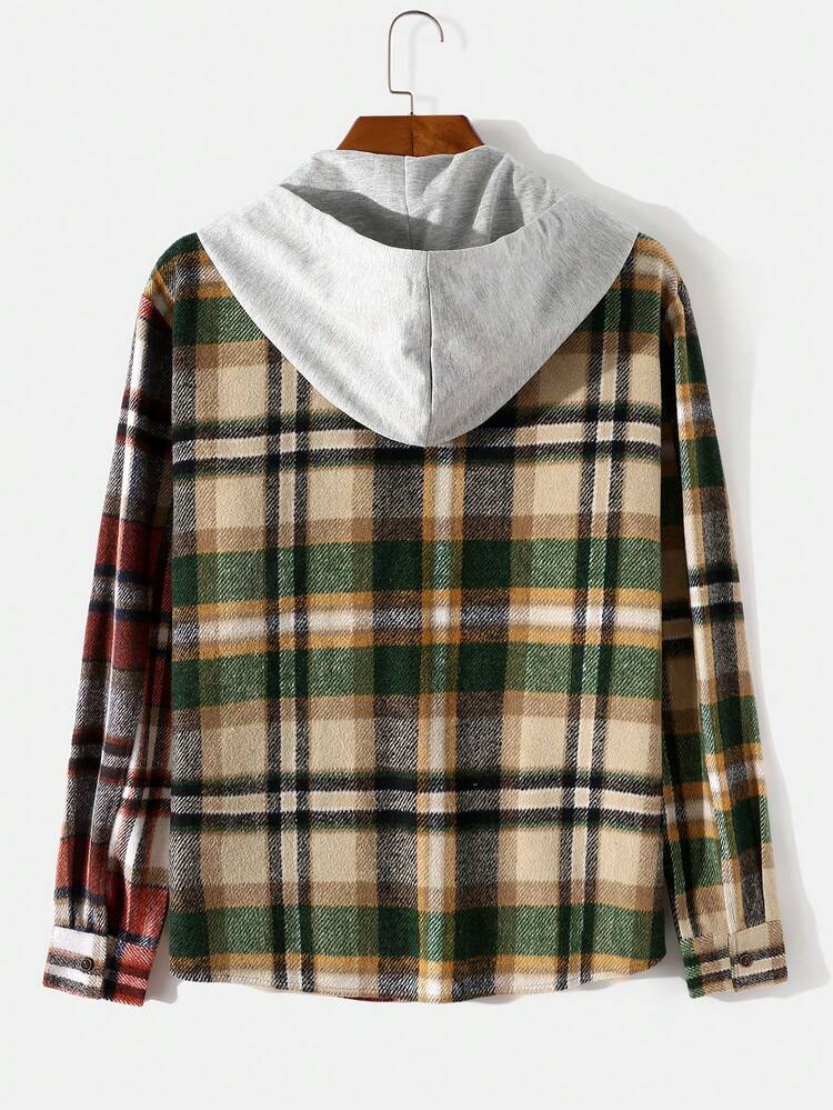 Men Plaid Print Colorblock Drawstring Hooded Overcoat Without Tee