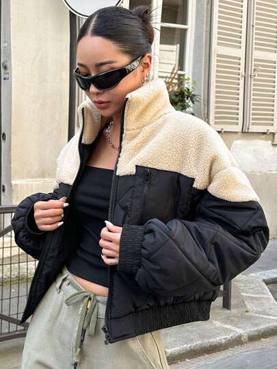 DAZY Abrigo de invierno con cremallera, bolsillos gruesos y forro de peluche de dos tonos con hombros caídos para mujer