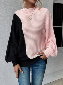 SHEIN Privé Two Tone Mock Neck Batwing Sleeve Sweater - Multicolor - View 4