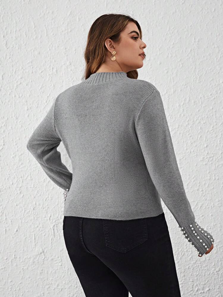 Plus Pearls Beaded Cuff Mock Neck Sweater