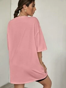 SHEIN Unity Camiseta con hombros caídos y estampado de letras - Rosa - Ver 2