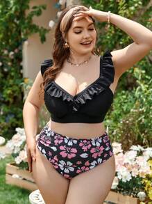 SHEIN Swim Curve Plus Floral Print Ruffle Trim Bikini Set, For Summer Beach Vacation - Multicolor - View 5