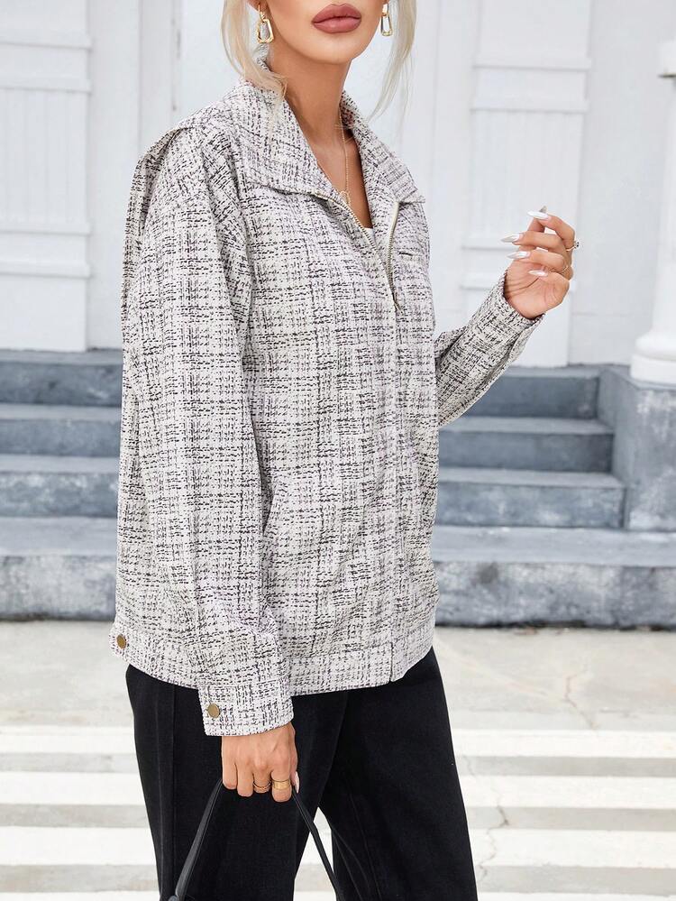 Plaid Print Zip Up Corduroy Coat