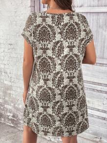 SHEIN LUNE 夏季全印花缺口领口连衣裙 - 杏色 - 查看 2