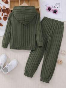 SHEIN 男小童字母補丁細節連帽衫和運動褲 - 綠色 - 查看 2