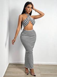 SHEIN Slayr Striped Print Crisscross Tie Backless Halter Top & Skirt - Black and White - View 3
