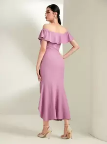 Modelyn Off Shoulder Ruffle Trim Split Thigh Dress - Purple - View 2