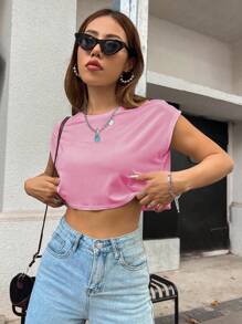SHEIN Unity Solid Batwing Sleeve Crop Tee - Pink - View 3
