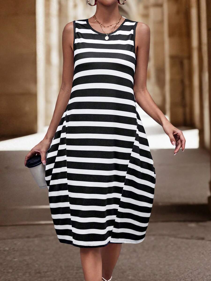 SHEIN LUNE Striped Print Tank Dress - Black and White - View 1