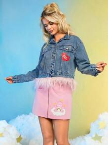 SHEIN X Care Bears Cartoon Graphic Flap Detail Denim Jacket - Blue - View 7