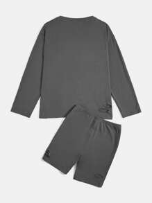 SHEIN EZwear 摩托車和字母圖案落肩T恤和短褲