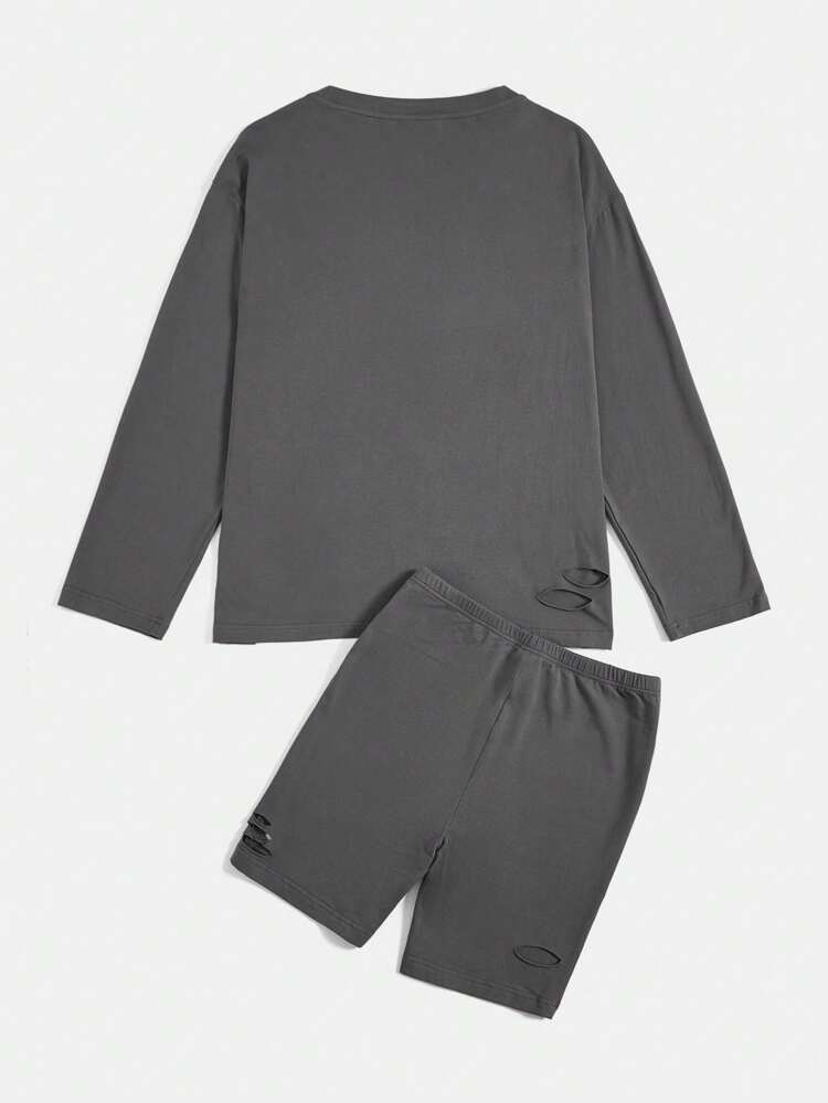 Motorcycle & Letter Graphic Drop Shoulder Tee & Shorts