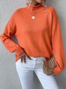 Chiquease Suéter de cuello alto con hombros caídos, parte superior de manga larga de punto, suéter de punto para otoño e invierno - Naranja Quemada - Ver 3