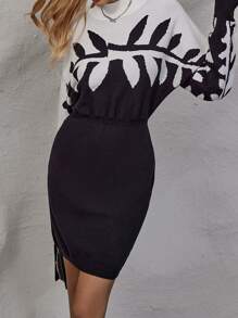 SHEIN Clasi Leaf Pattern Batwing Sleeve Sweater Dress - Multicolor - View 4