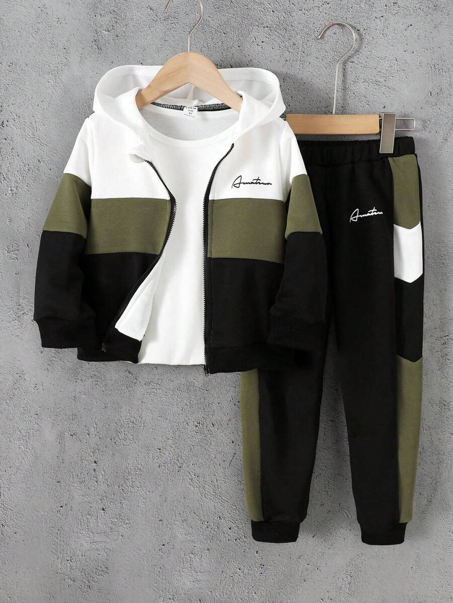 SHEIN Young Boy Letter Graphic Colorblock Hooded Sweatshirt & Sweatpants - Multicolor - View 1