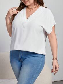SHEIN Essnce 大碼素色蝙蝠袖襯衫 - 白色 - 查看 1