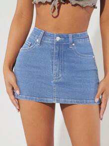 SHEIN PETITE تنورة جينز ضيقة - أزرق فاتح - مشاهدة 4