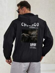 Manfinity Homme Men Plus Slogan Hand Graphic Half Zip Drawstring Hooded Jacket - Black - View 5