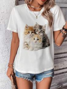 SHEIN LUNE Áo thun nữ cổ tròn ngắn tay in hình mèo giản dị và đơn giản, thích hợp cho mùa hè - trắng - Xem 3