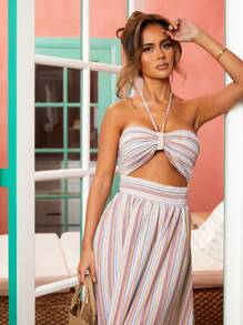 SHEIN X Tarsha Whitmore SHEIN VCAY Cutout Detail Striped Ruffle Hem Halter Dress