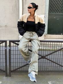 DAZY Two Tone Drop Shoulder Teddy Lined Zipper Winter Thick Pockets Coat ,Winter Women Clothes,Winter Coat Women Jacket