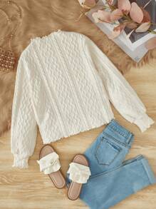 SHEIN Leap Crew Tween Girl Mock Neck Lettuce Trim Flare Sleeve Tee - Beige - View 4