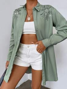 EURMUSE Rhinestone Detail Button Front Shirt - Mint Green - View 3